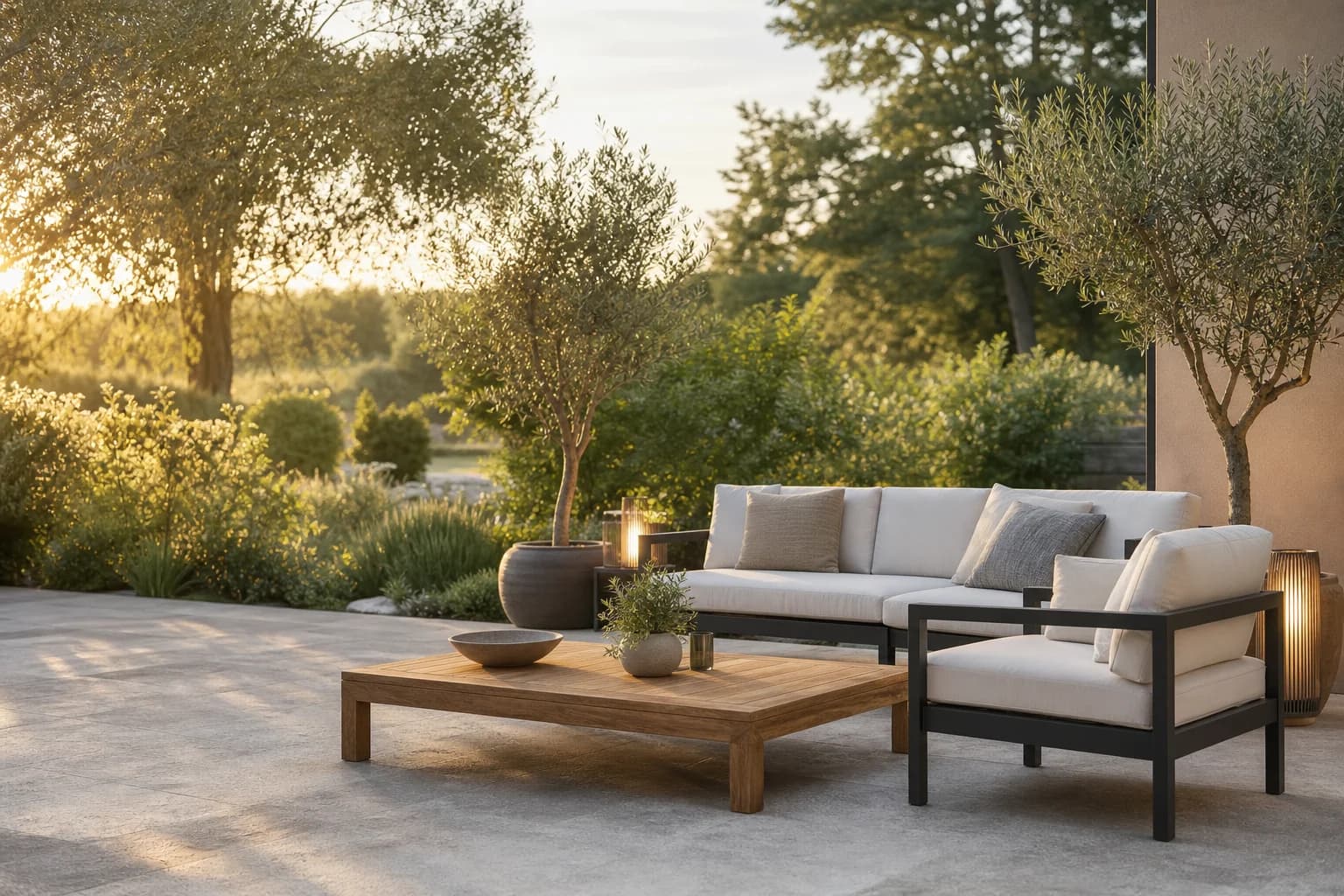 Modern outdoor lounge set on a garden patio at golden hour